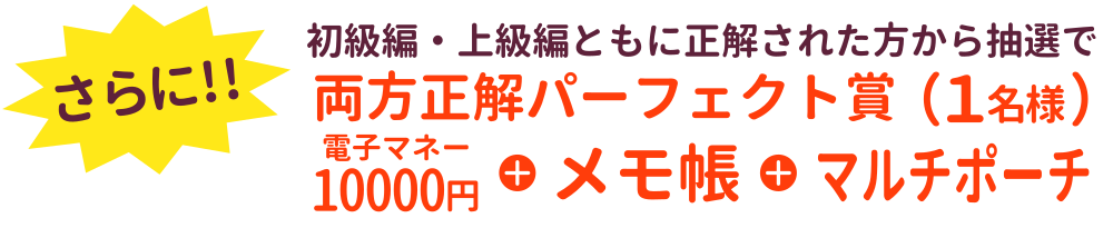 さらに、初級編・上級編の両方を正解した方から抽選で1名様に「両方正解パーフェクト賞」！電子マネー10000円・メモ帳・マルチポーチをプレゼント！